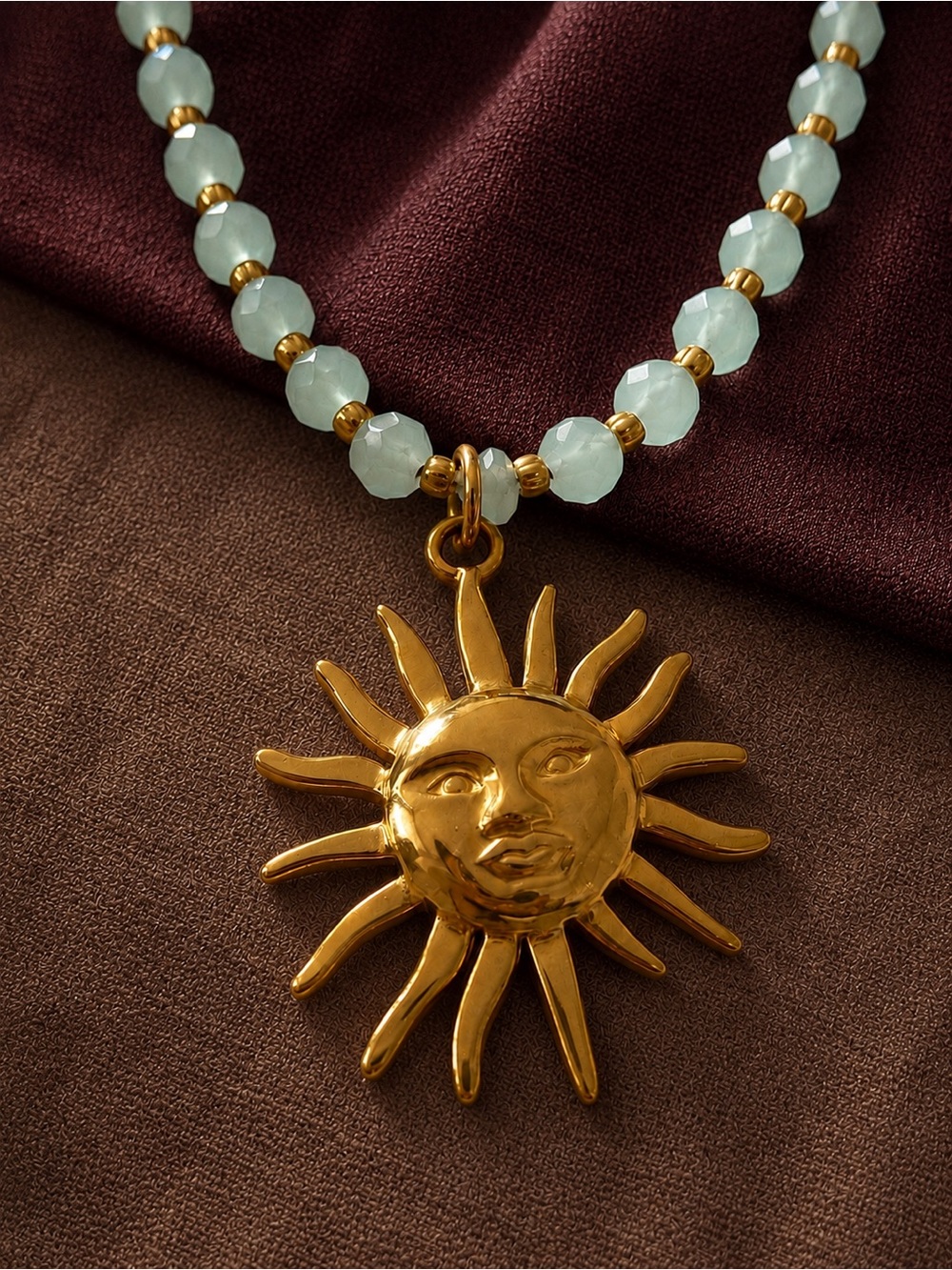 Golden Sun Pendant Necklace with Pale Aqua Beads - Picture 2 of 8